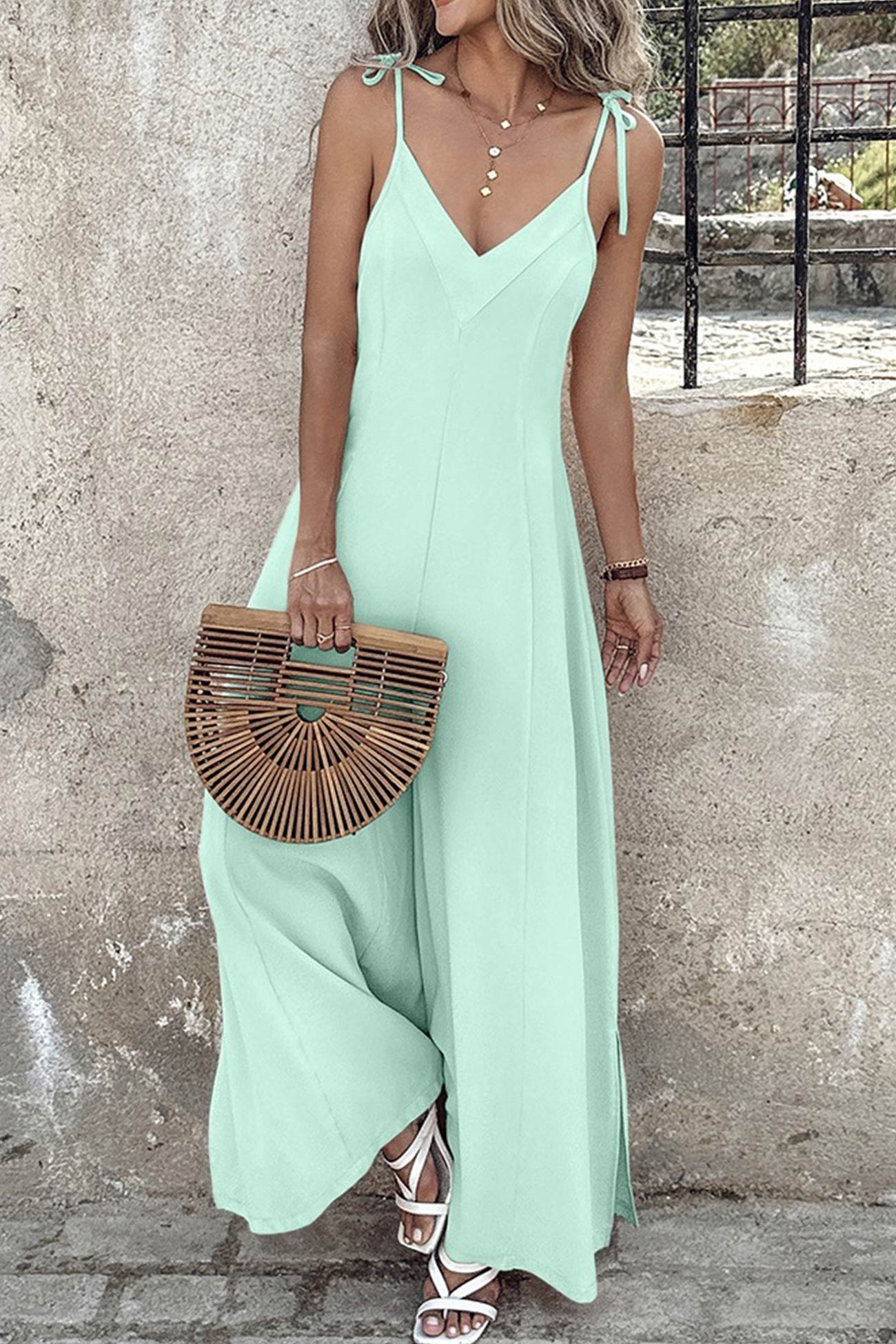 Tie-straps V Neck Slit Wide Leg Jumpsuits