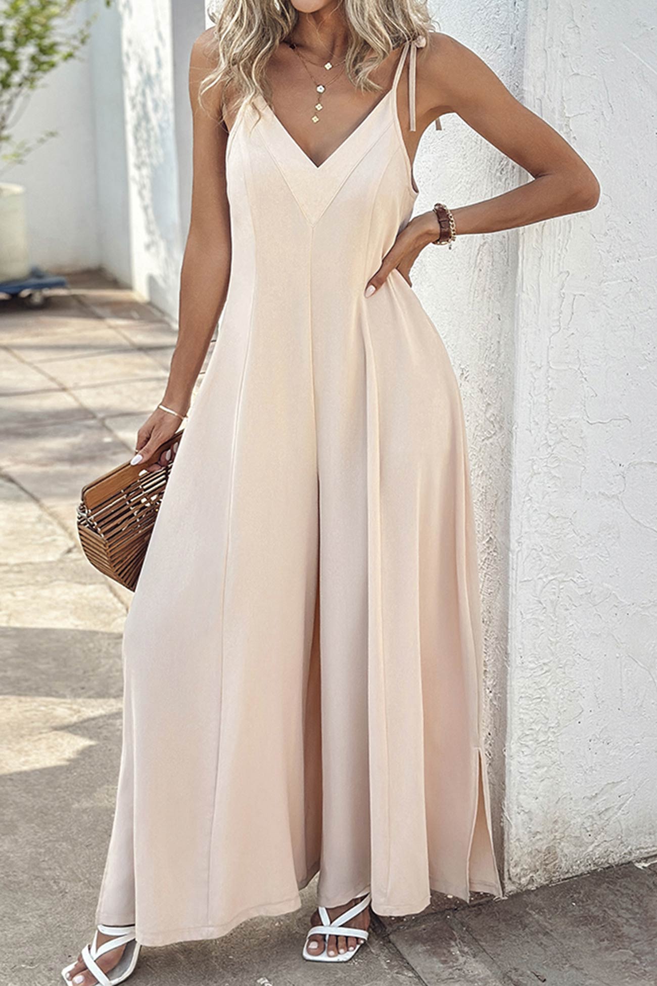 Tie-straps V Neck Slit Wide Leg Jumpsuits