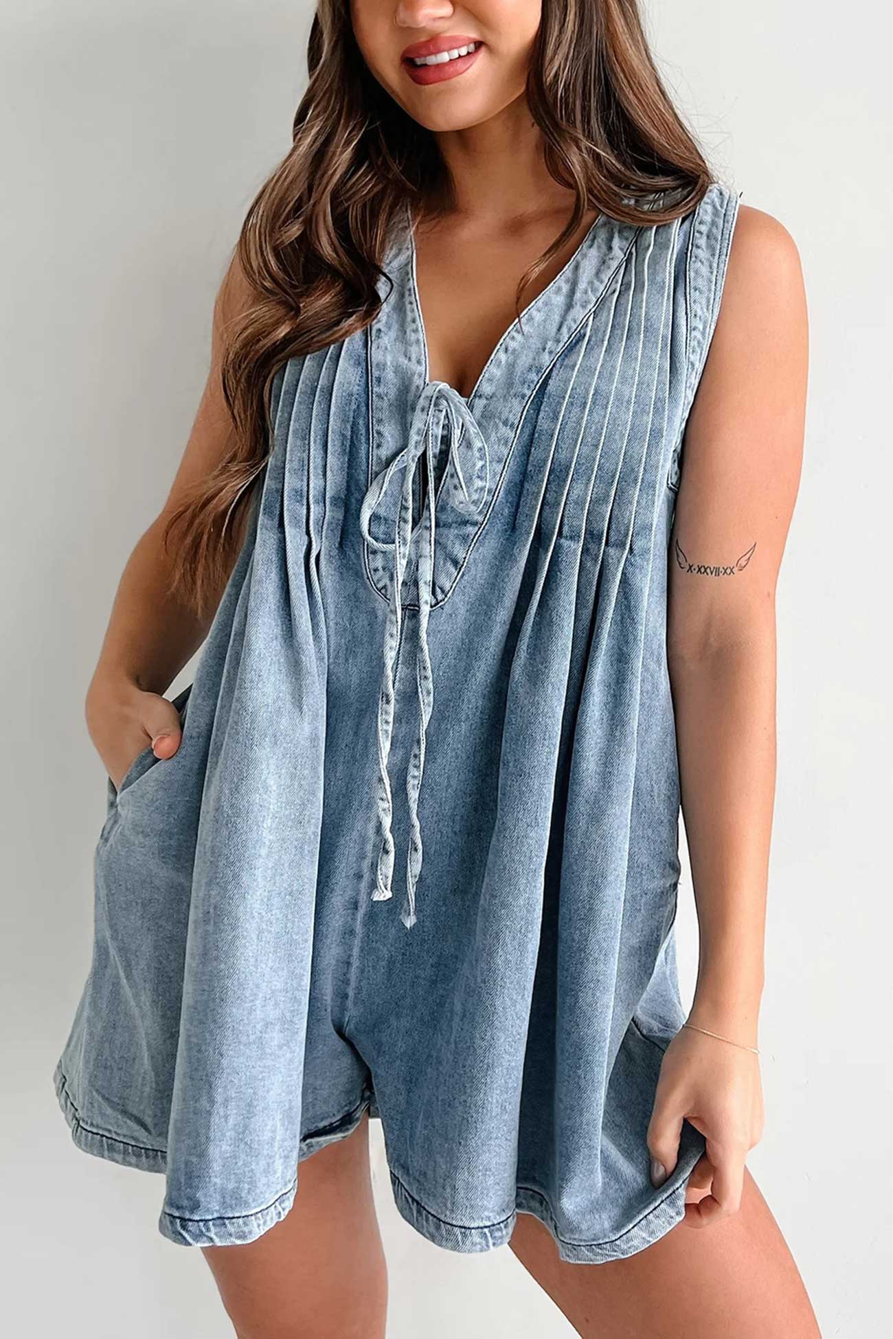 Tie-up Sleeveless Denim Rompers