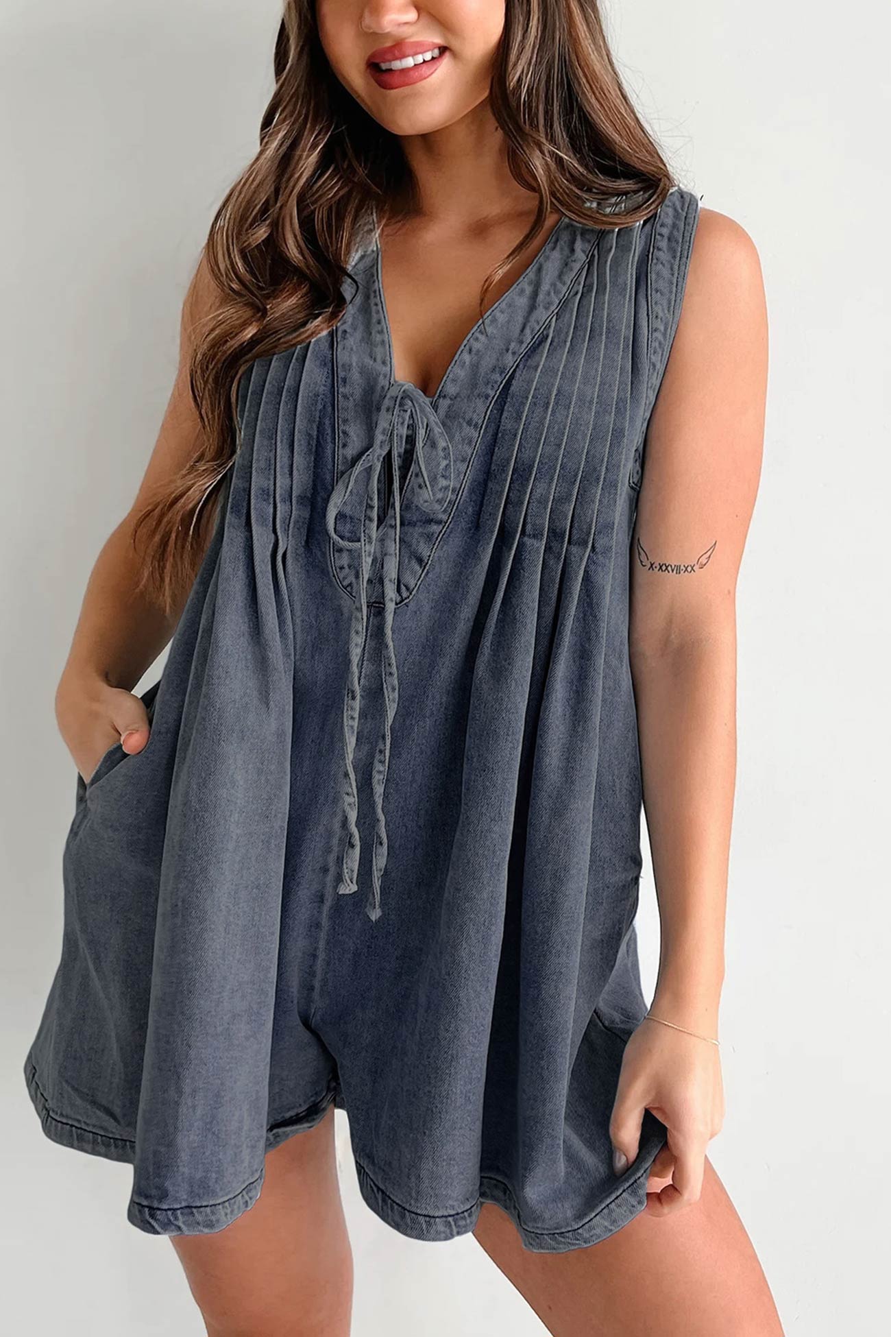 Tie-up Sleeveless Denim Rompers