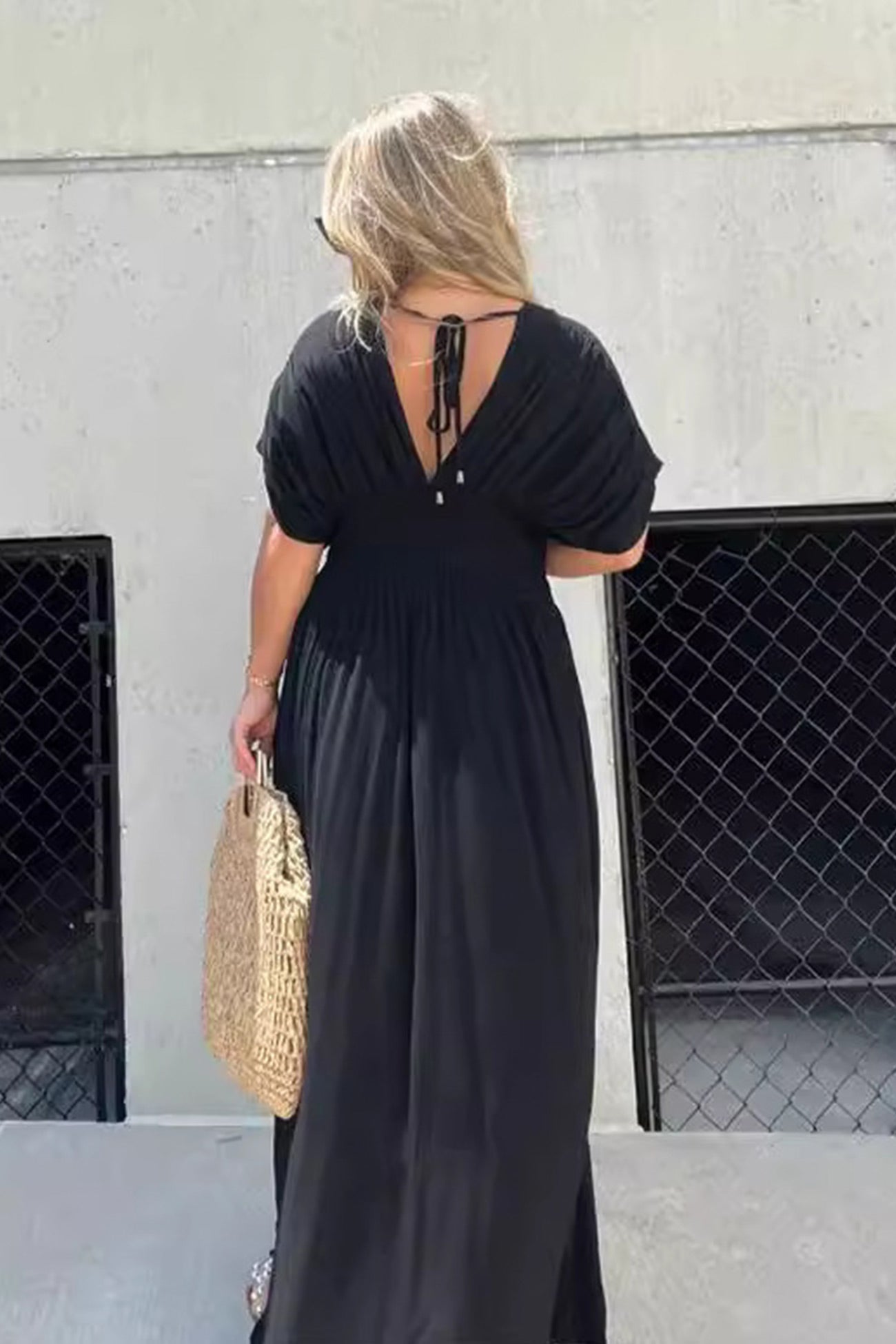 V Neck Bat Sleeve Smocked Waist Slit Dress