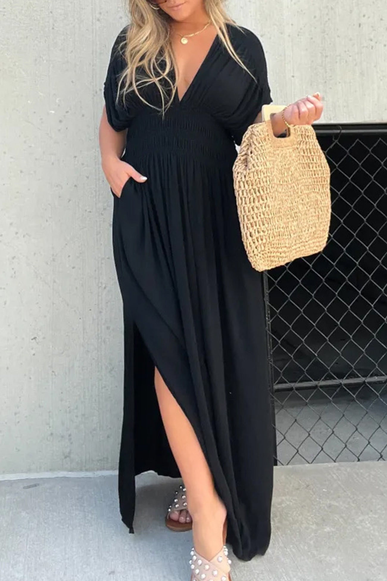 V Neck Bat Sleeve Smocked Waist Slit Dress