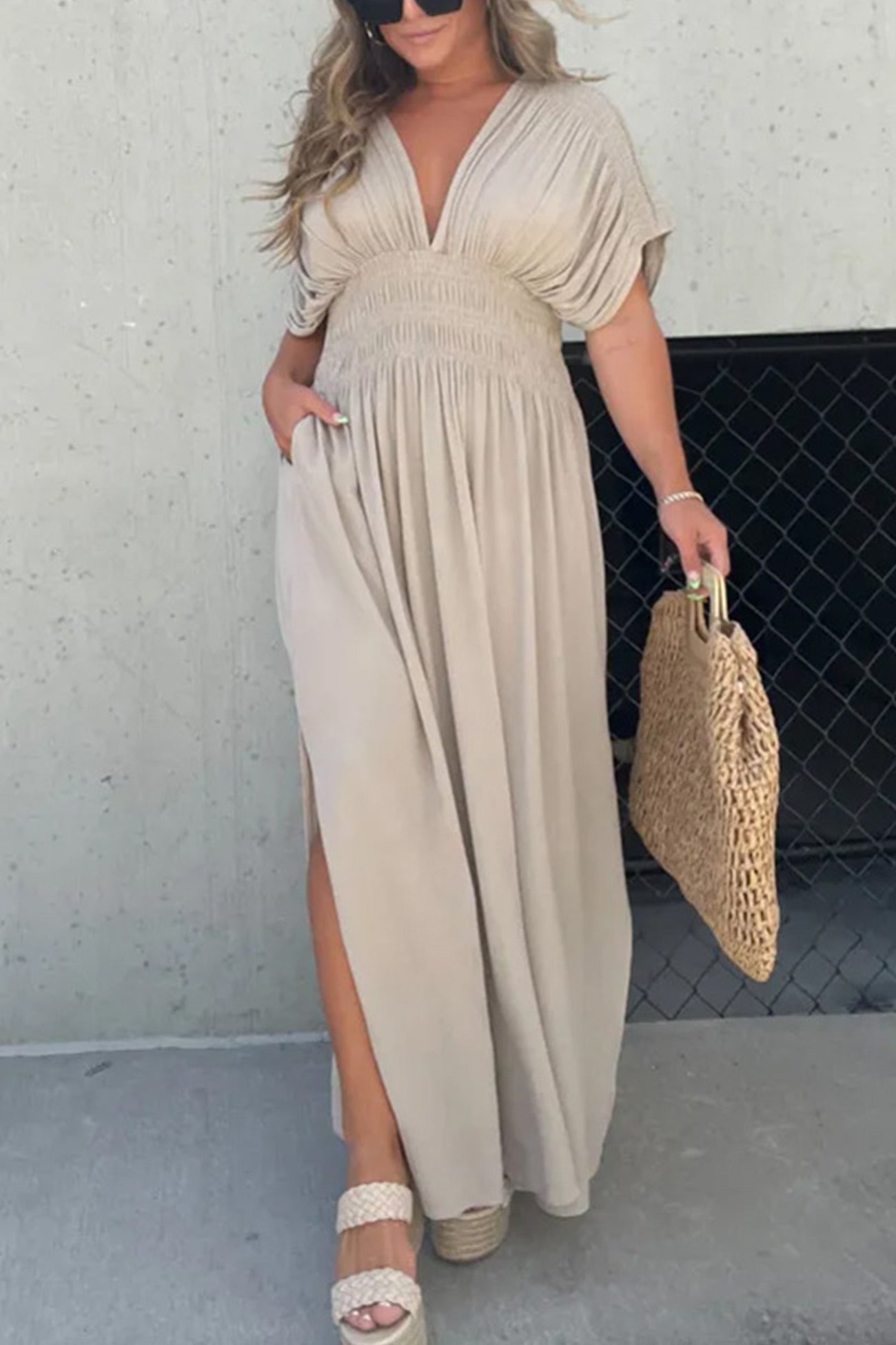 V Neck Bat Sleeve Smocked Waist Slit Dress