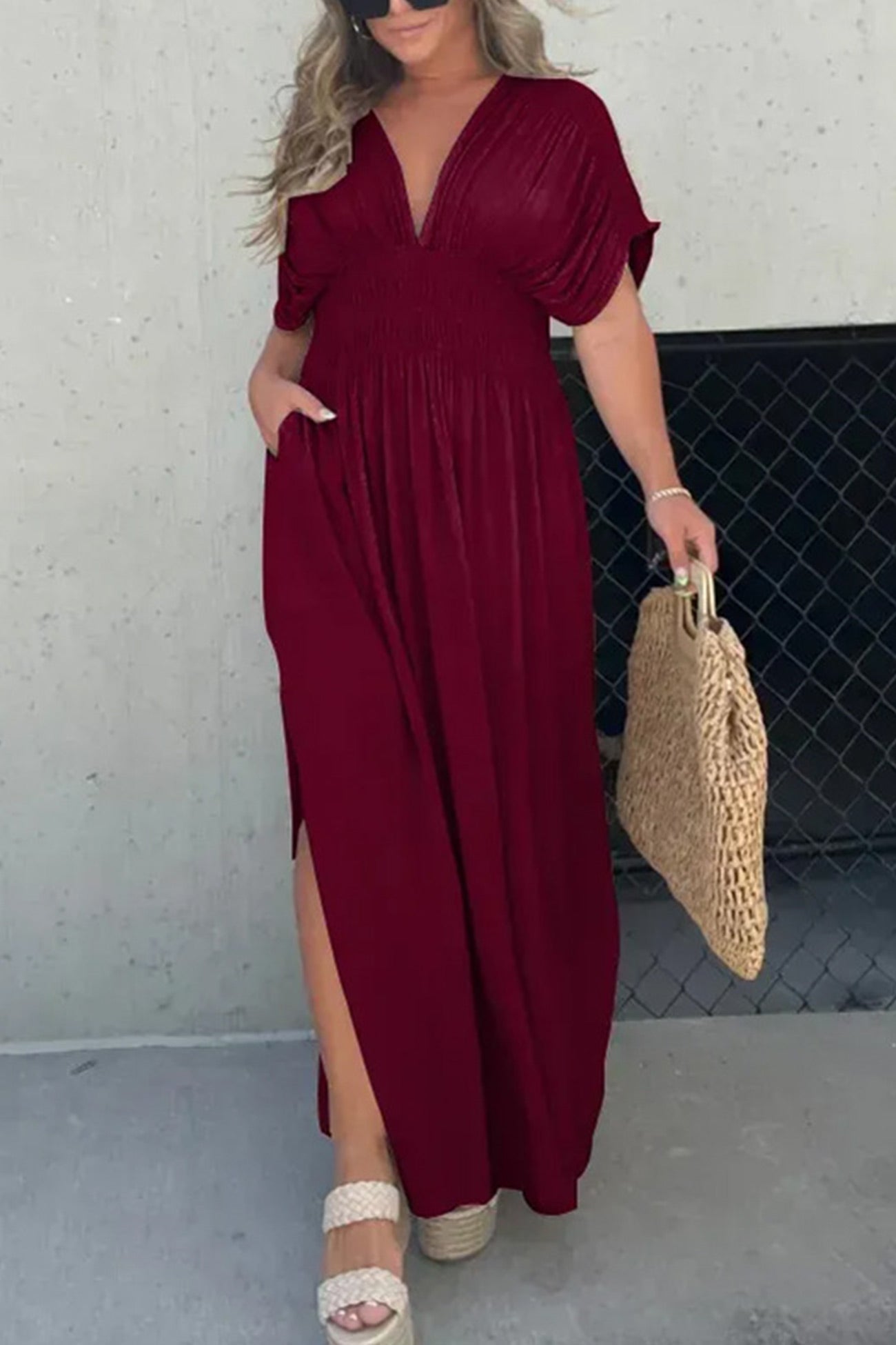 V Neck Bat Sleeve Smocked Waist Slit Dress