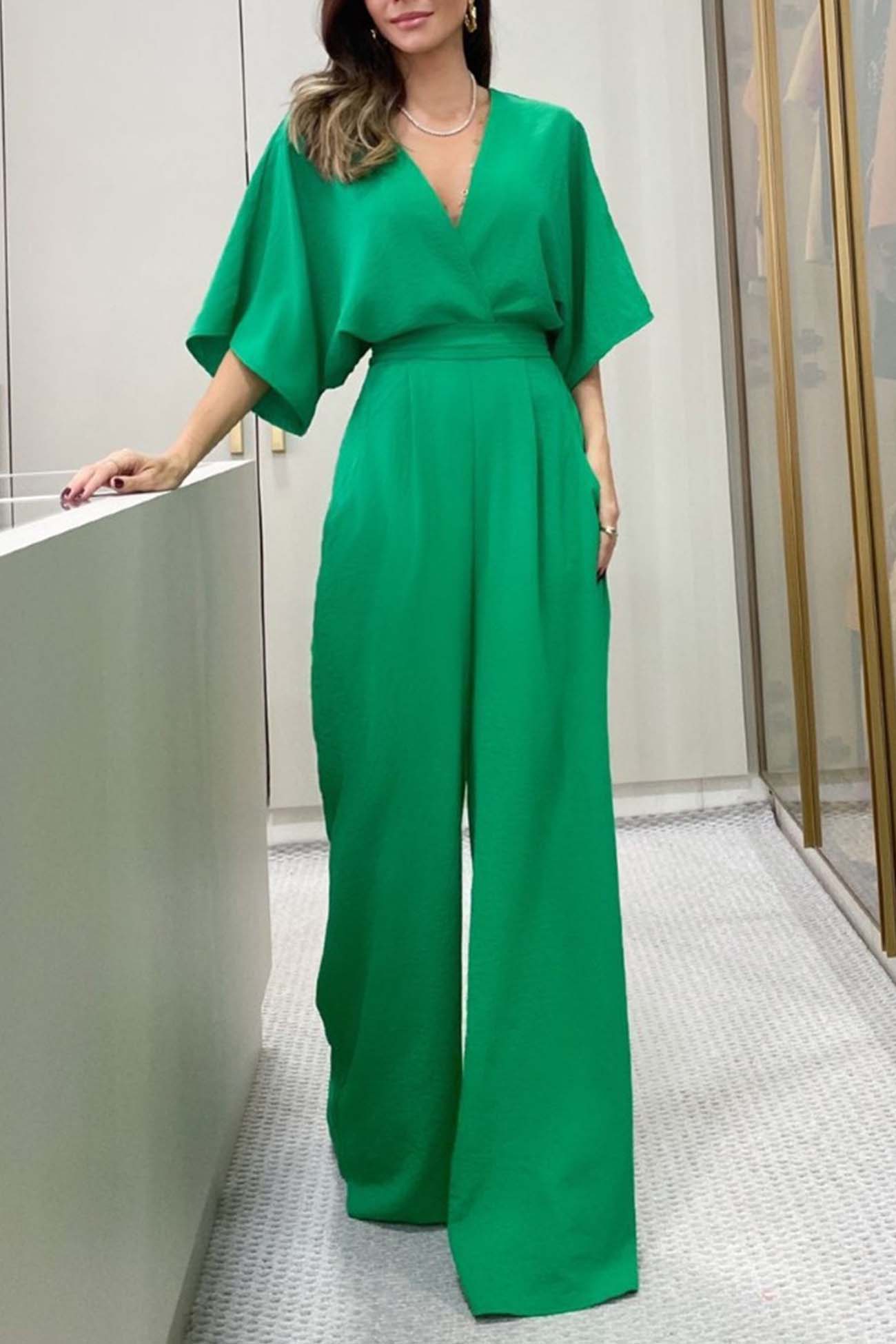 V Neck Batwing Sleeve Back Tie Jumpsuits