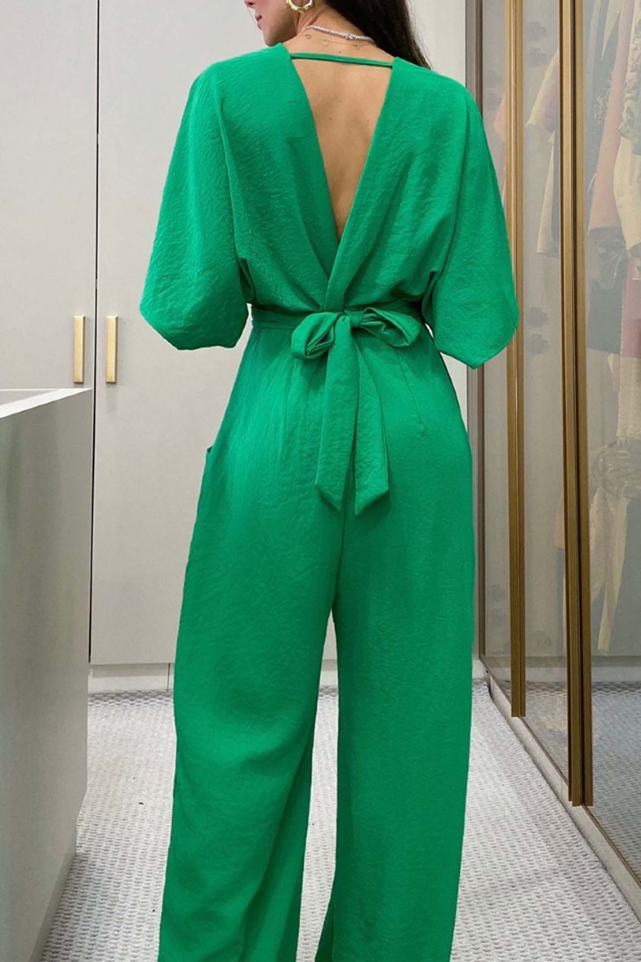 V Neck Batwing Sleeve Back Tie Jumpsuits