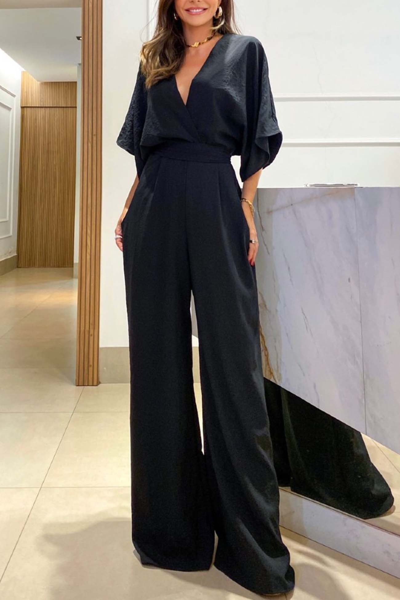 V Neck Batwing Sleeve Back Tie Jumpsuits