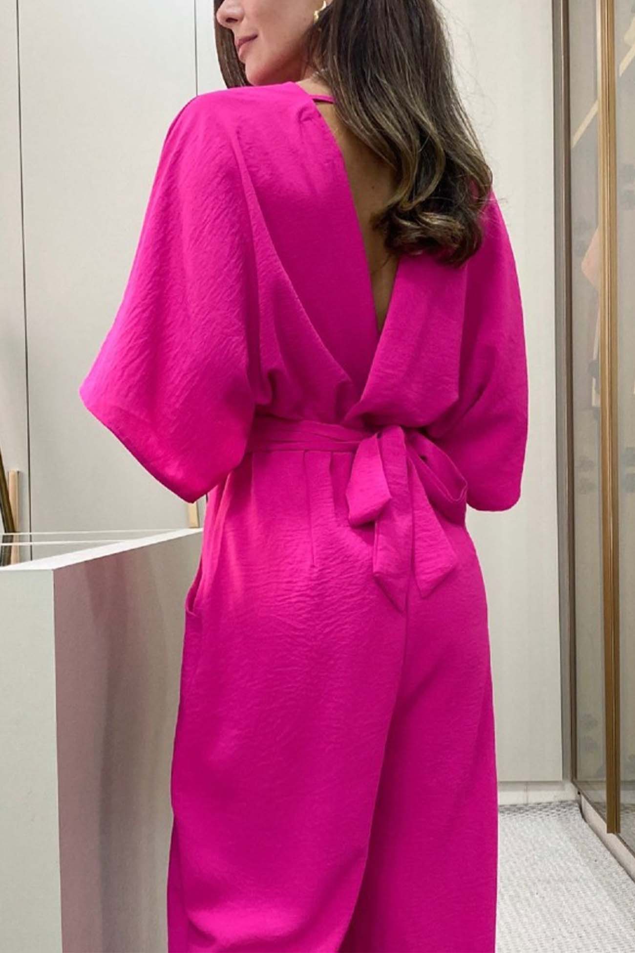 V Neck Batwing Sleeve Back Tie Jumpsuits