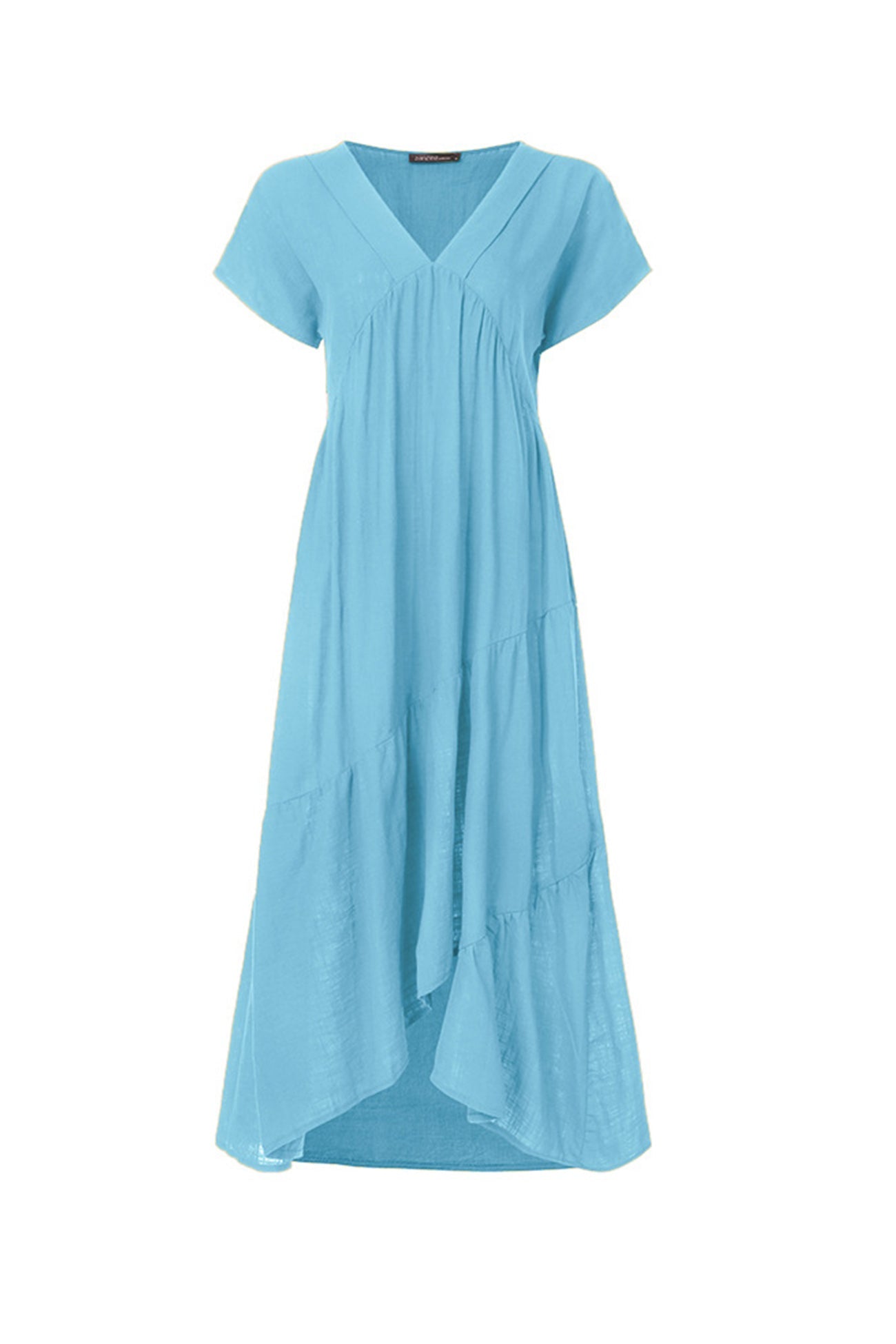 V Neck Cap Sleeve Cotton Linen Dress