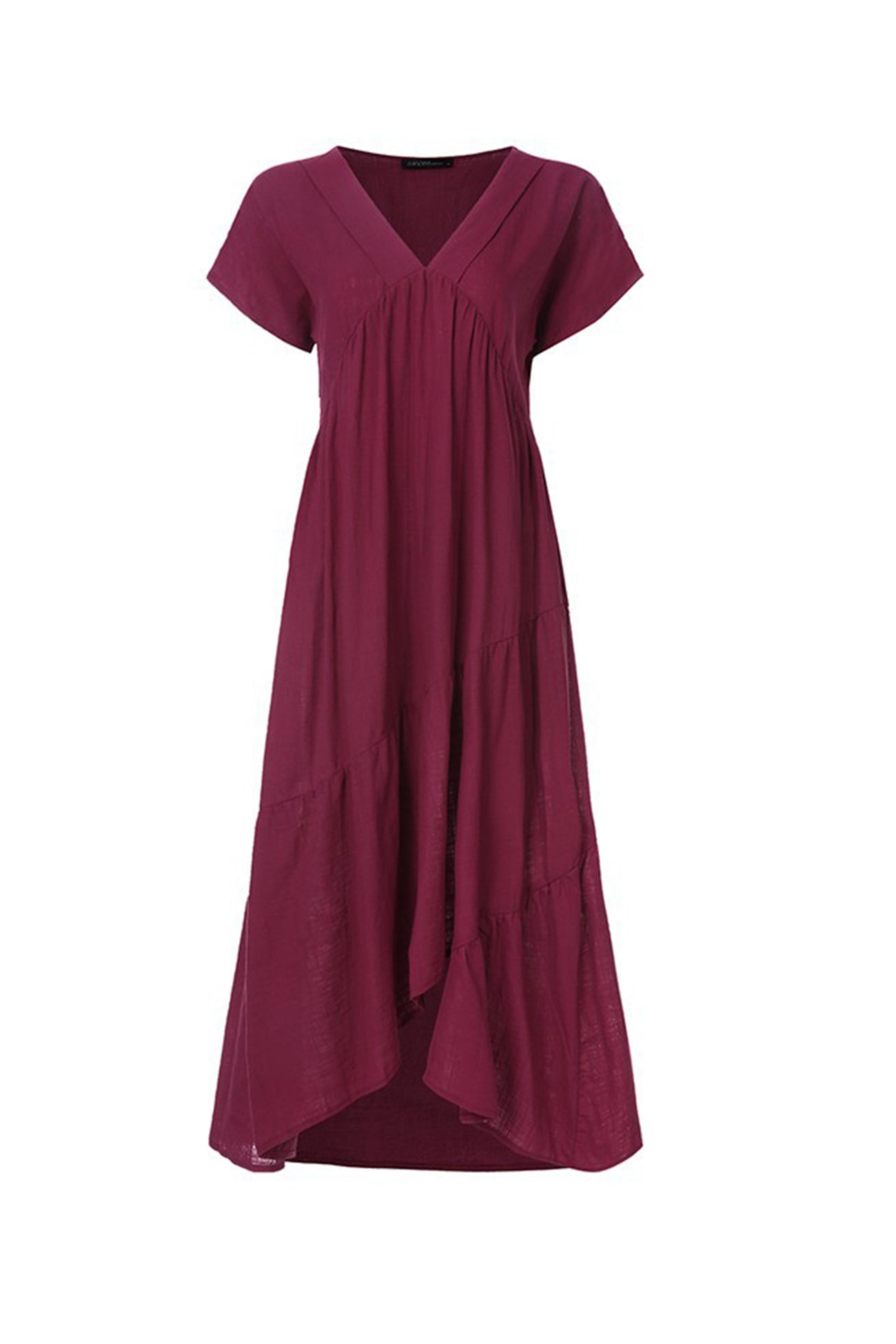 V Neck Cap Sleeve Cotton Linen Dress