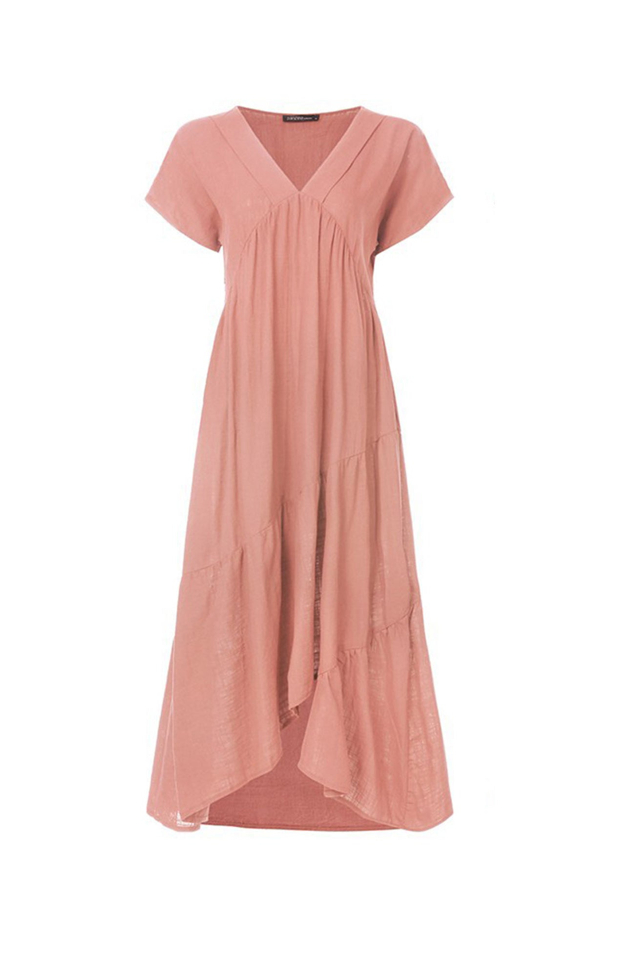 V Neck Cap Sleeve Cotton Linen Dress