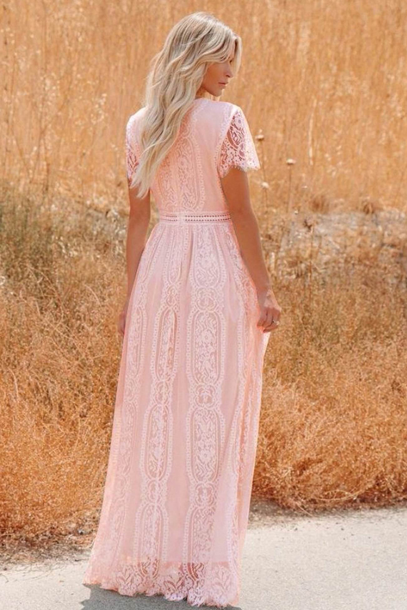 V Neck Lace Embroidery Maxi Dress