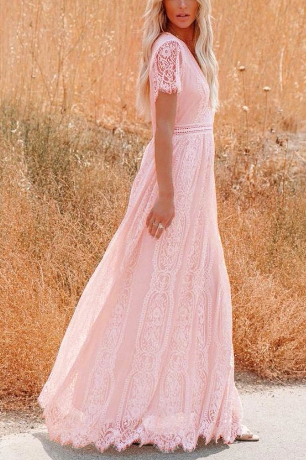 V Neck Lace Embroidery Maxi Dress