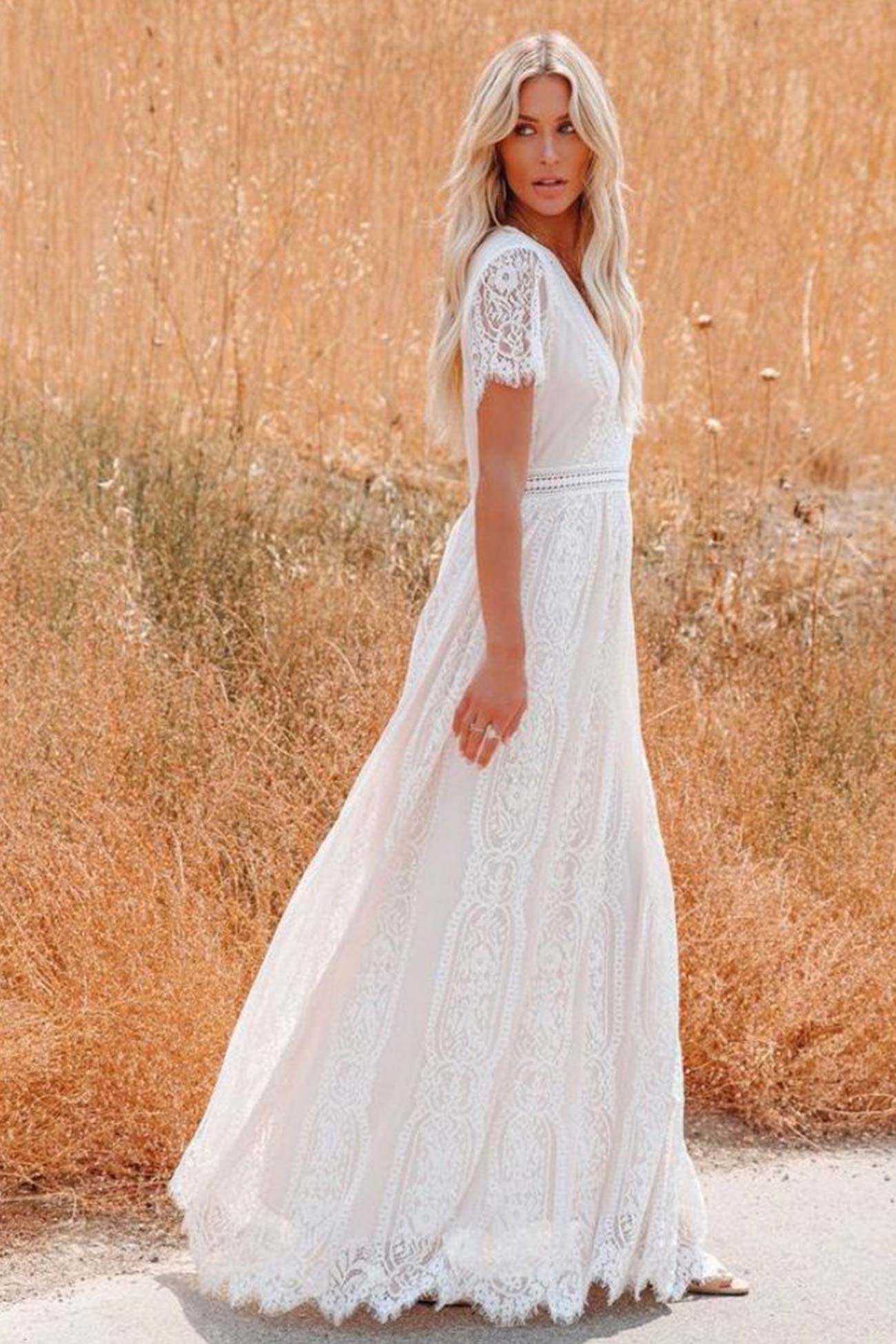 V Neck Lace Embroidery Maxi Dress