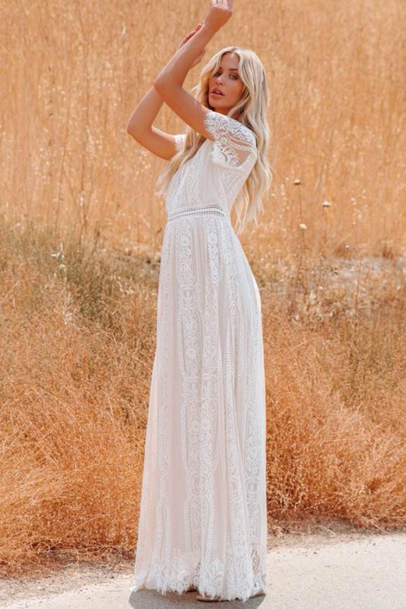 V Neck Lace Embroidery Maxi Dress