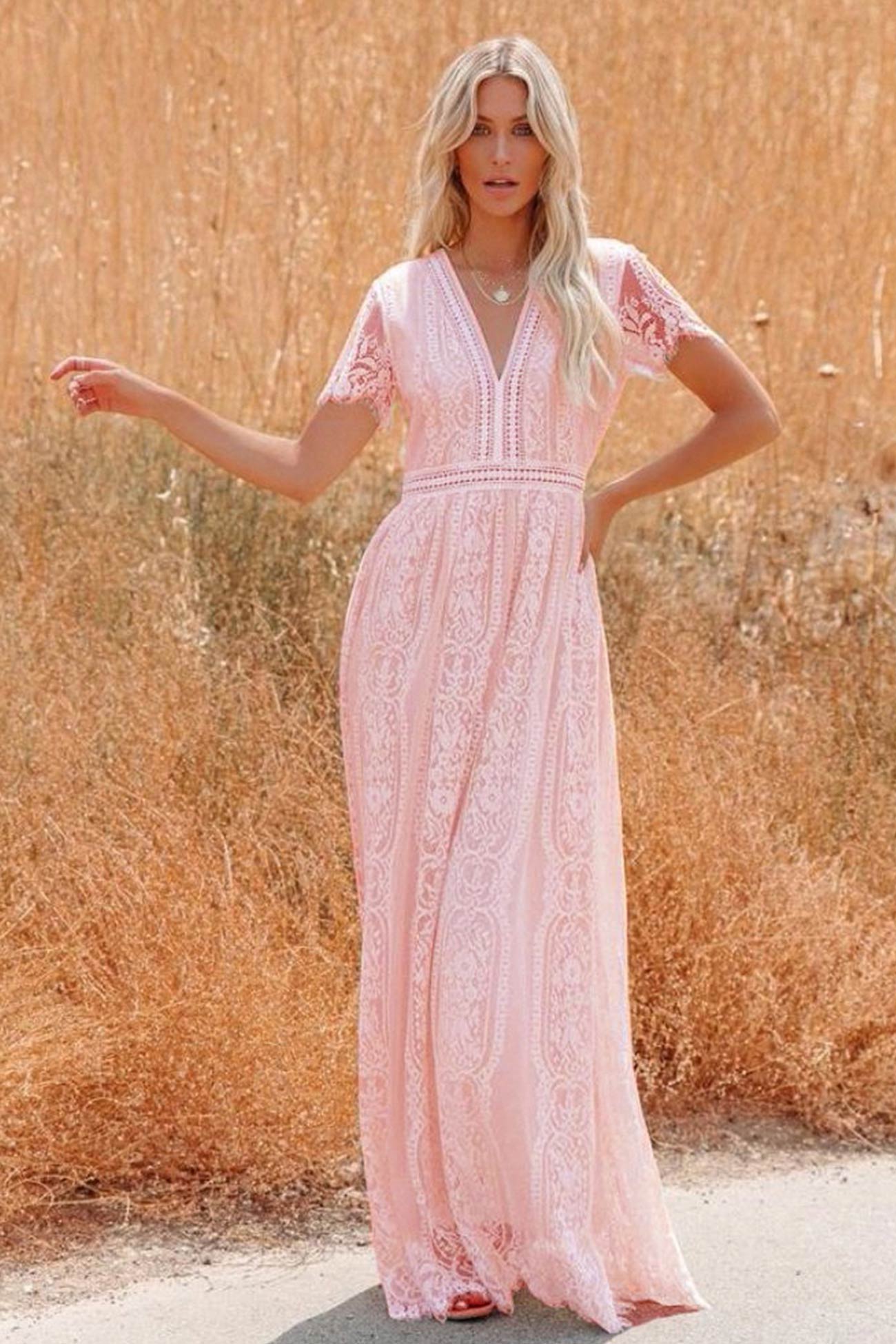 V Neck Lace Embroidery Maxi Dress