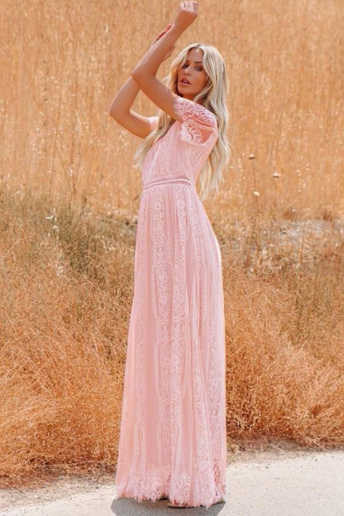 V Neck Lace Embroidery Maxi Dress