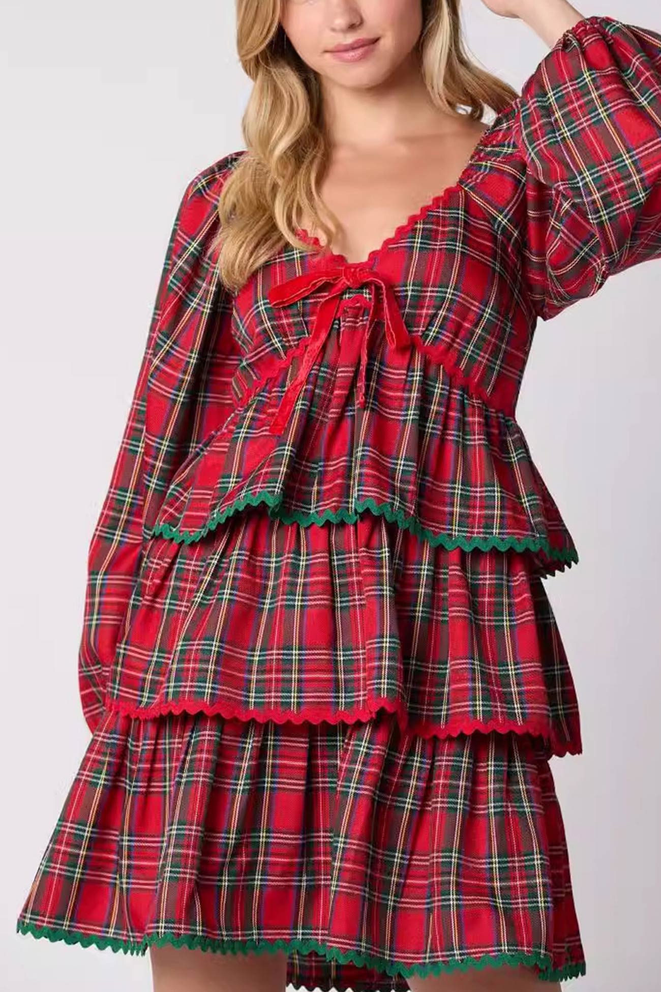 V Neck Plaid Puff Sleeve Tiered Dress