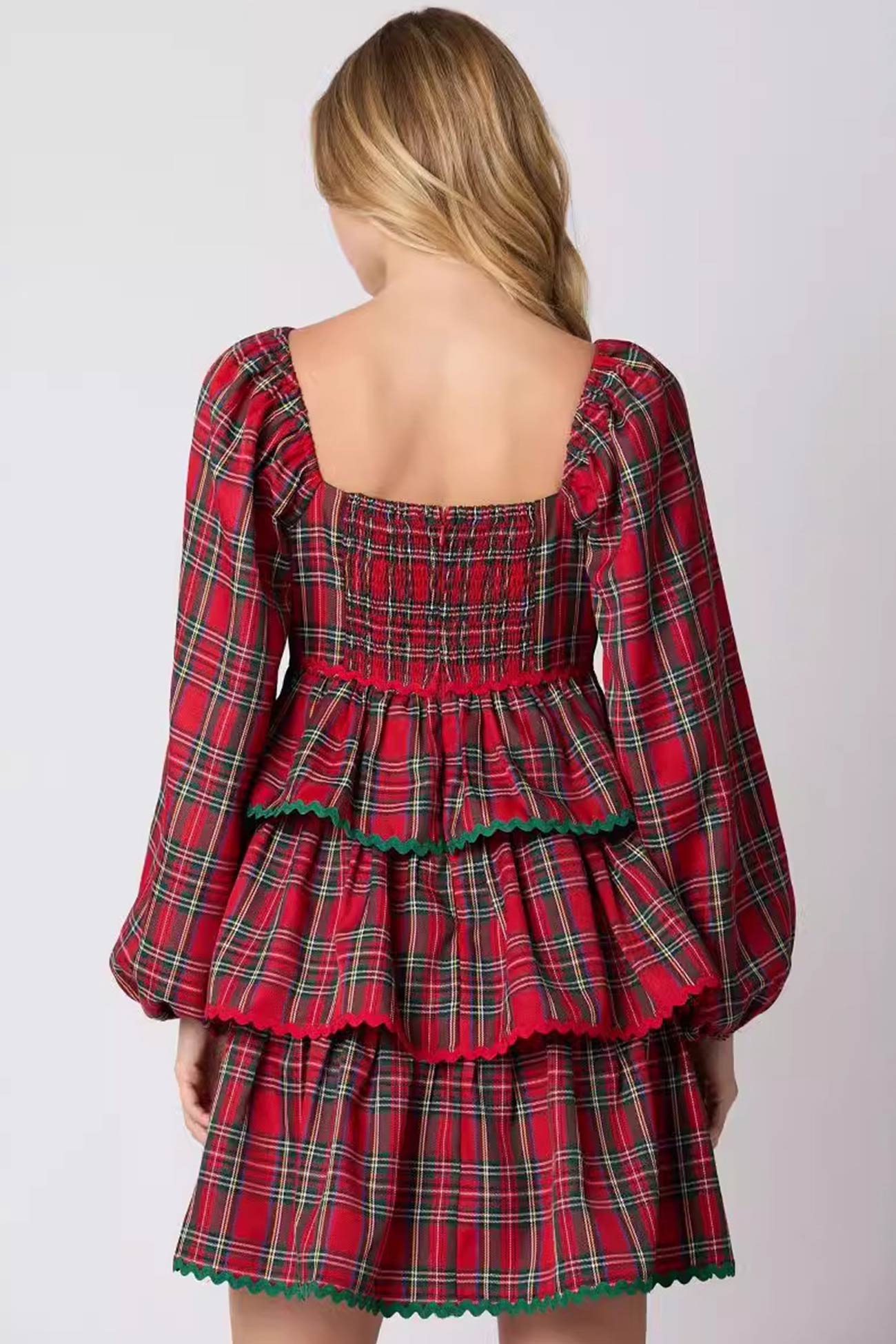 V Neck Plaid Puff Sleeve Tiered Dress