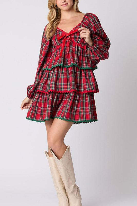 V Neck Plaid Puff Sleeve Tiered Dress