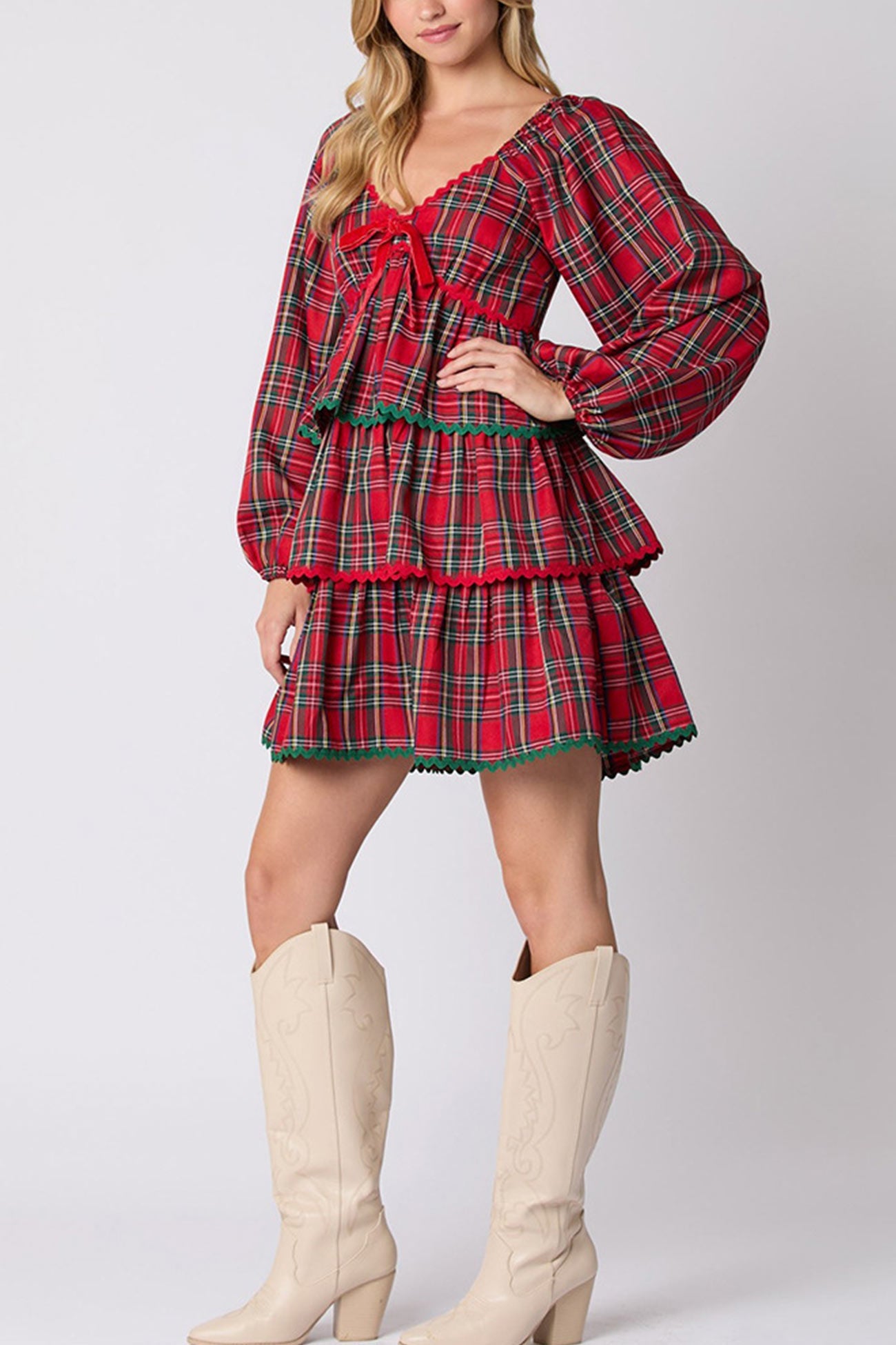 V Neck Plaid Puff Sleeve Tiered Dress