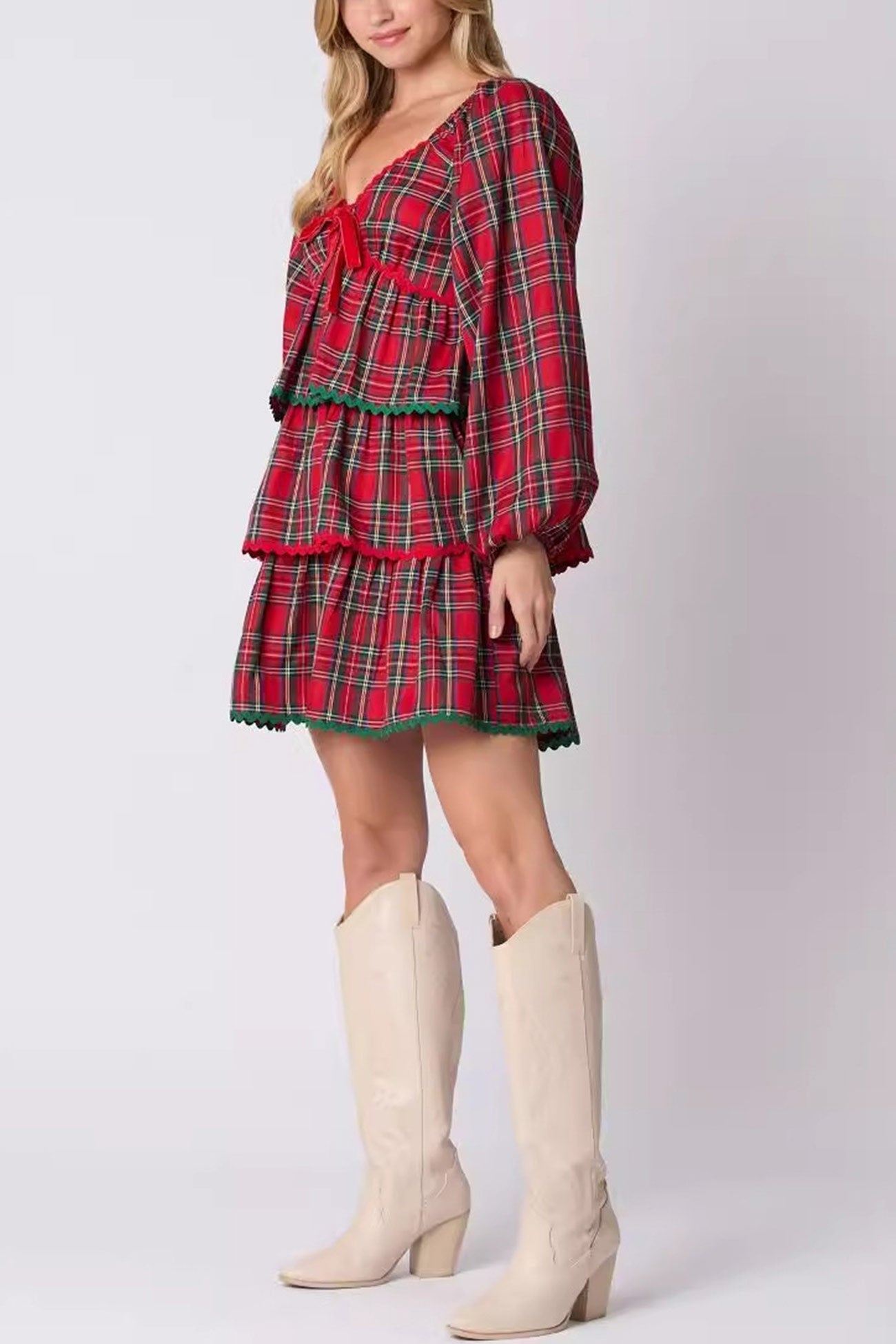 V Neck Plaid Puff Sleeve Tiered Dress