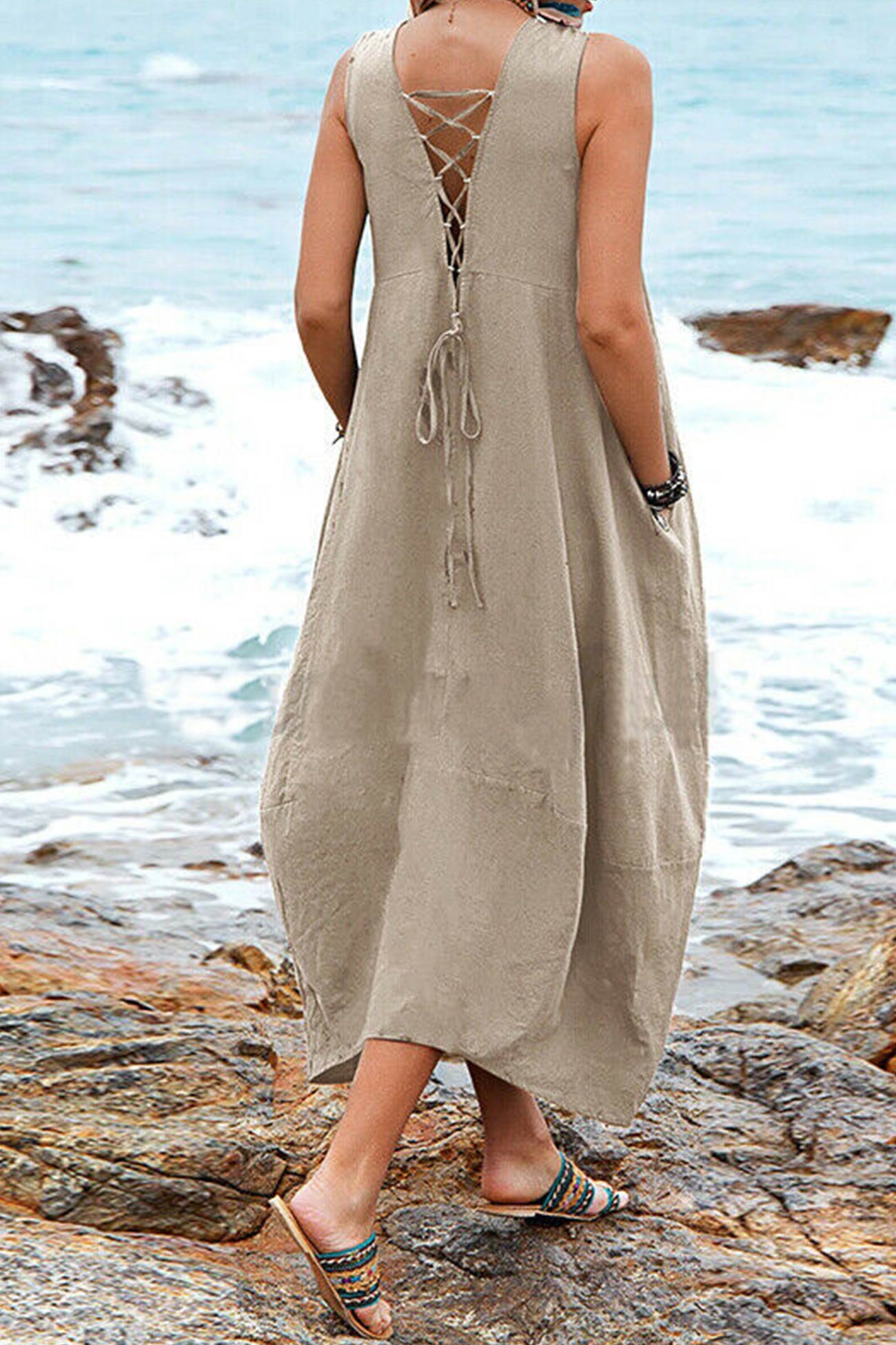 V Neck Pocketed Large Hem Sundress