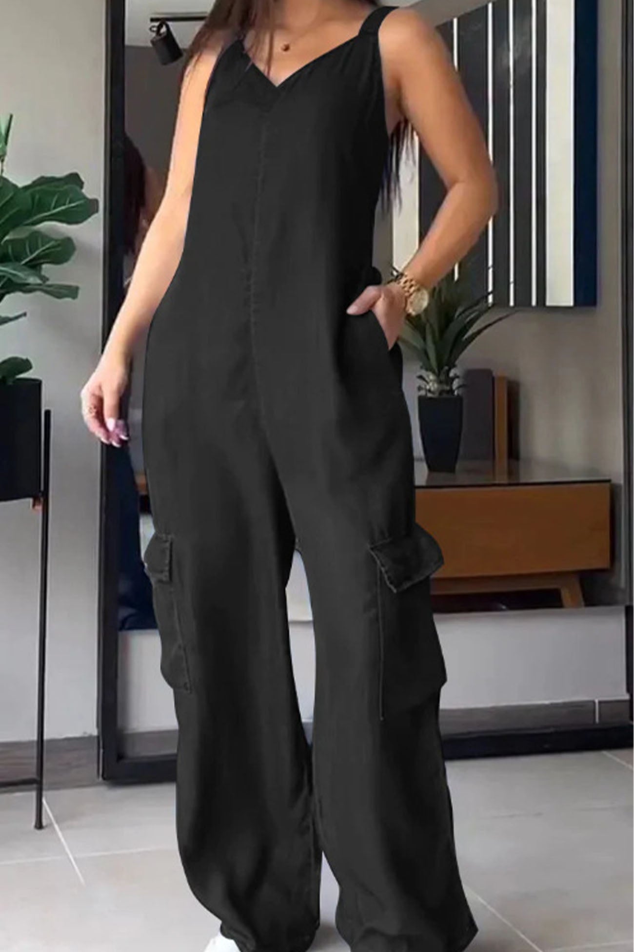 V Neck Back Smocking Pocket Jumpsuits