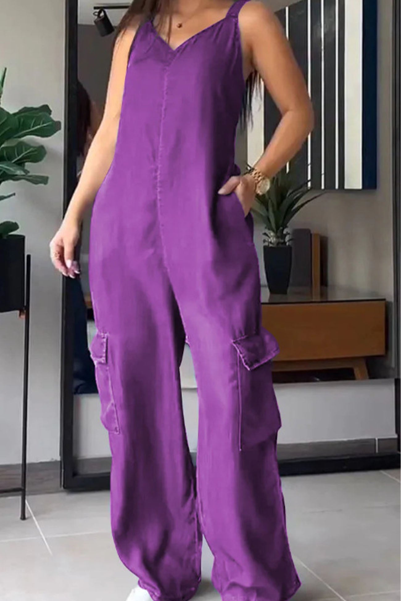 V Neck Back Smocking Pocket Jumpsuits