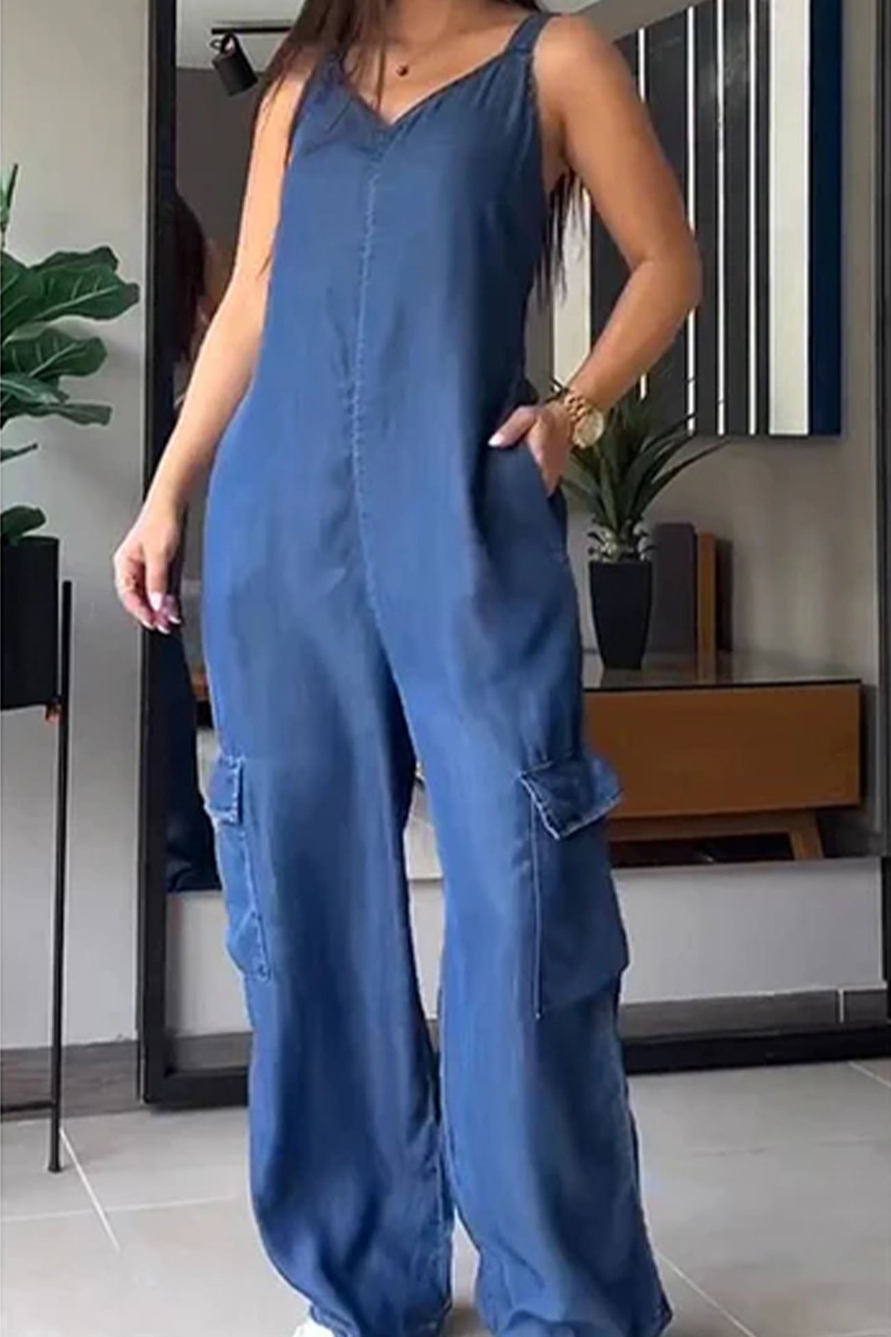 V Neck Back Smocking Pocket Jumpsuits