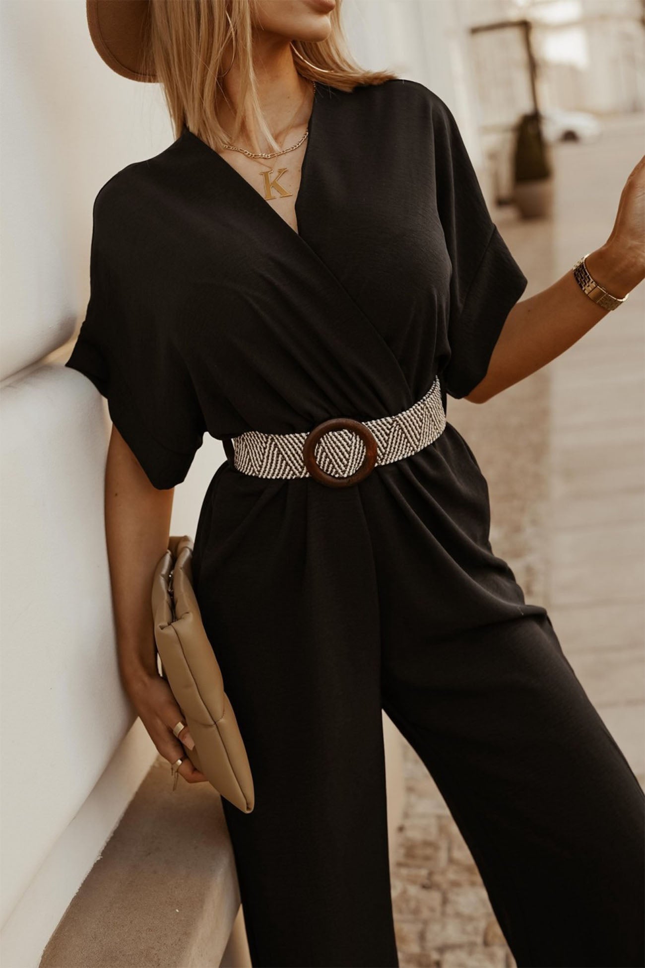 V Neck Batwing Sleeve Waist Tie Jumpsuits