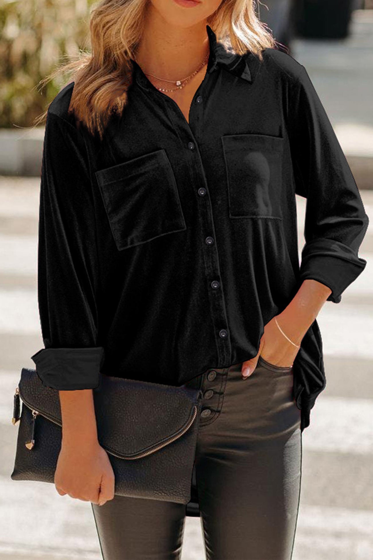 Velvet Pocketed Single-breasted Blouse