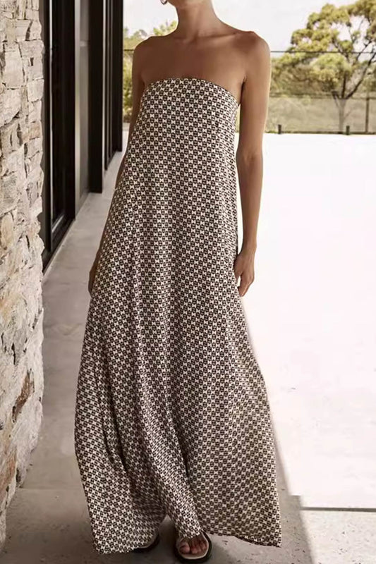 Vintage Print Strapless Maxi Dress