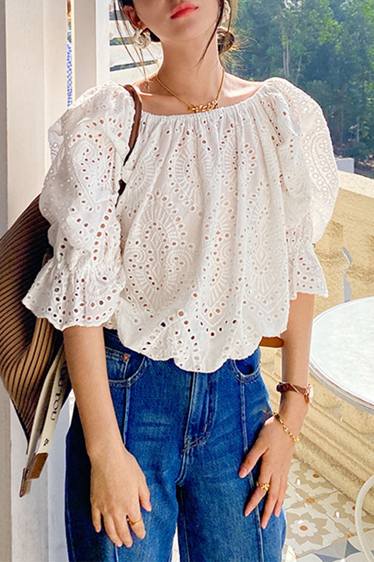 White Embroidered Lace Puff Sleeve Top