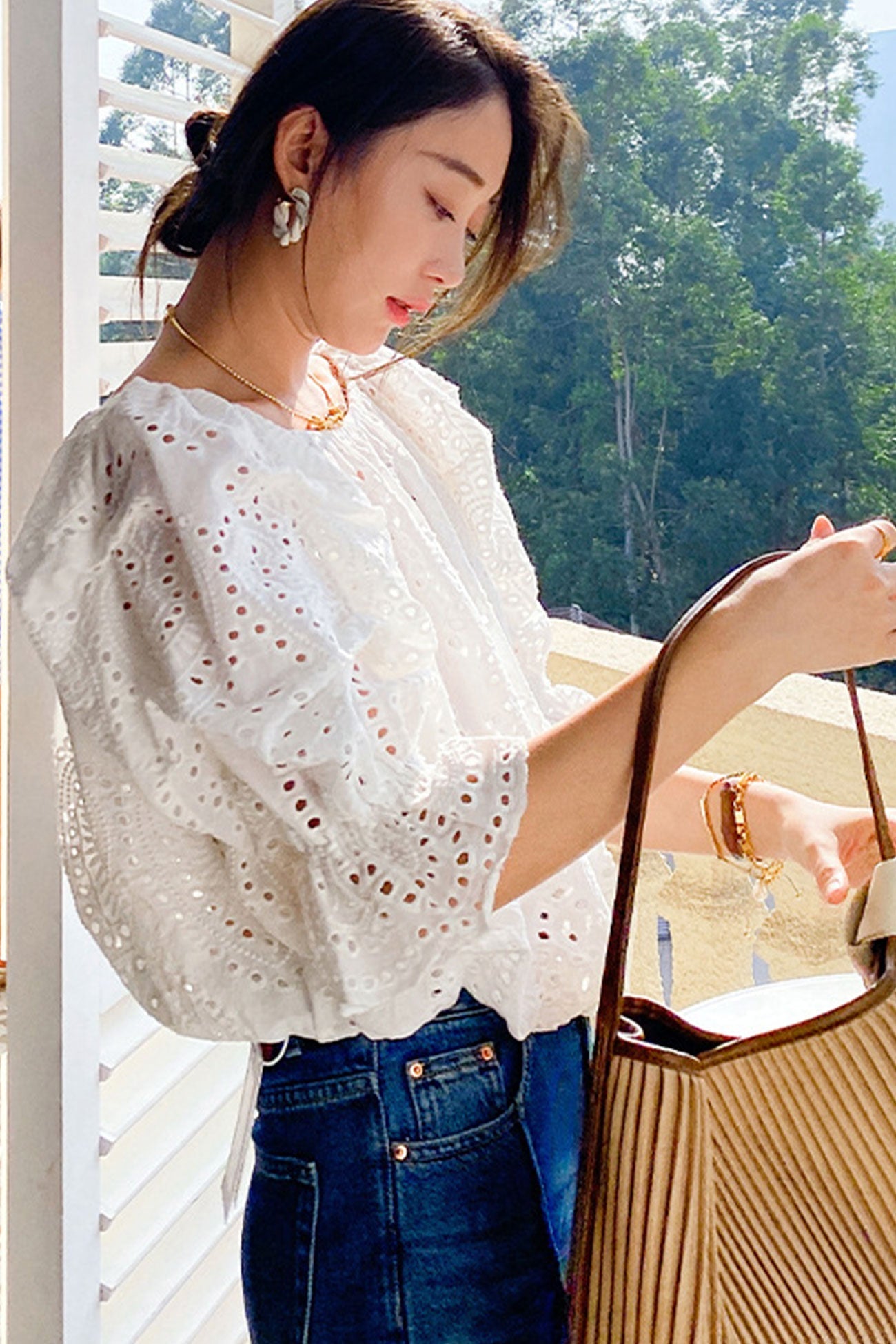 White Embroidered Lace Puff Sleeve Top