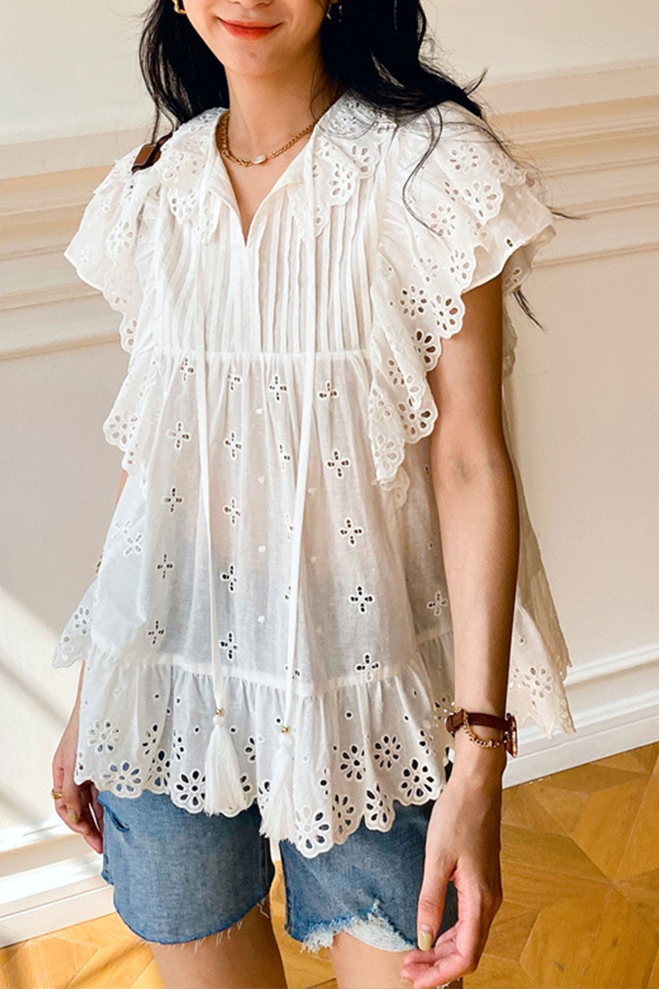 White Embroidered Lace Ruffles Sleeve Top