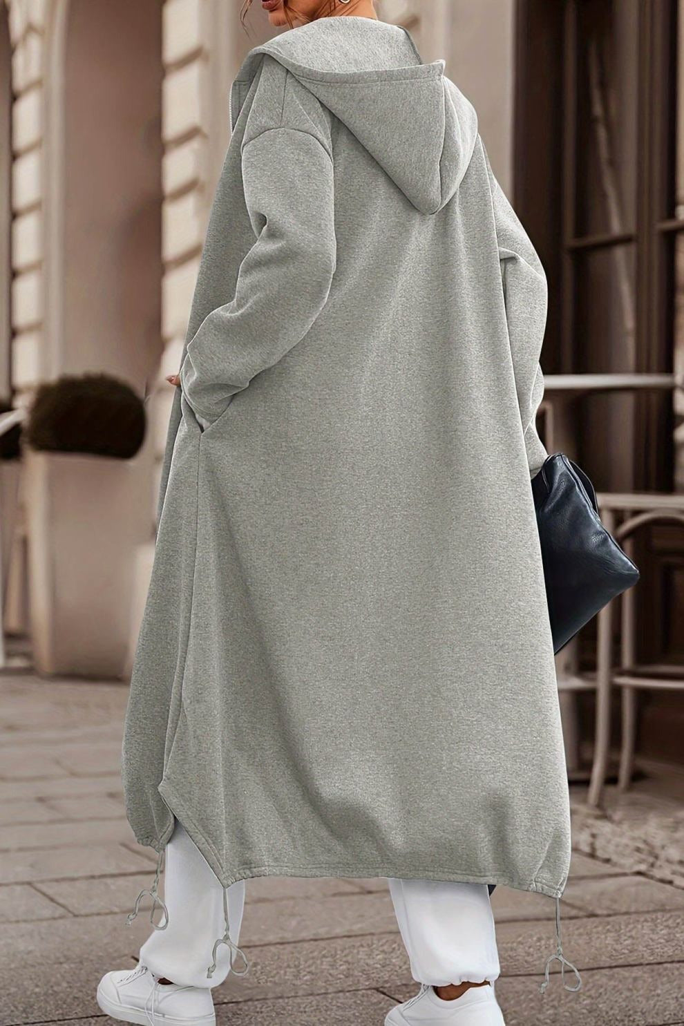 Zip-up Drawstring Hem Long Hoodie