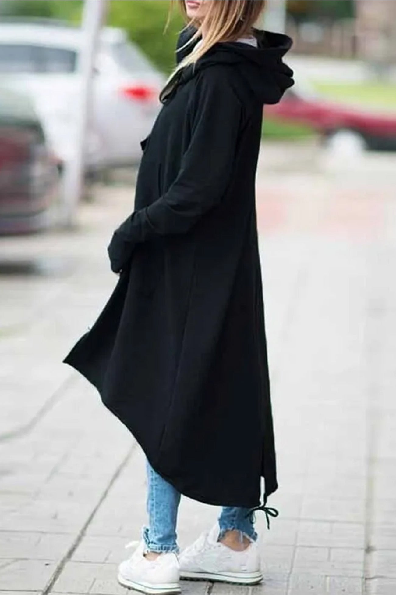 Zip-up High Low Drawstring Hem Long Hoodie