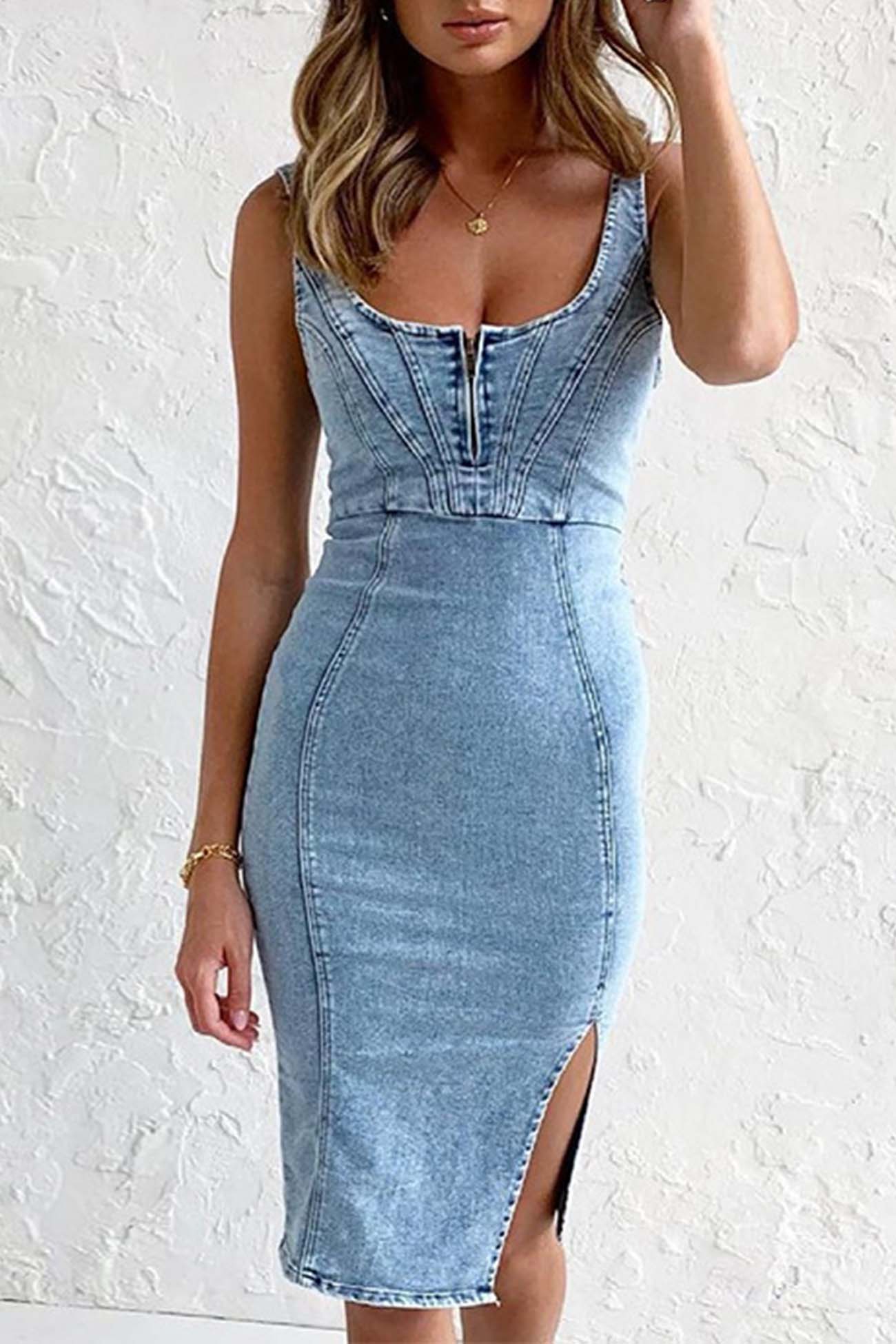 Zipper Distressed Denim Slit Midi Dress