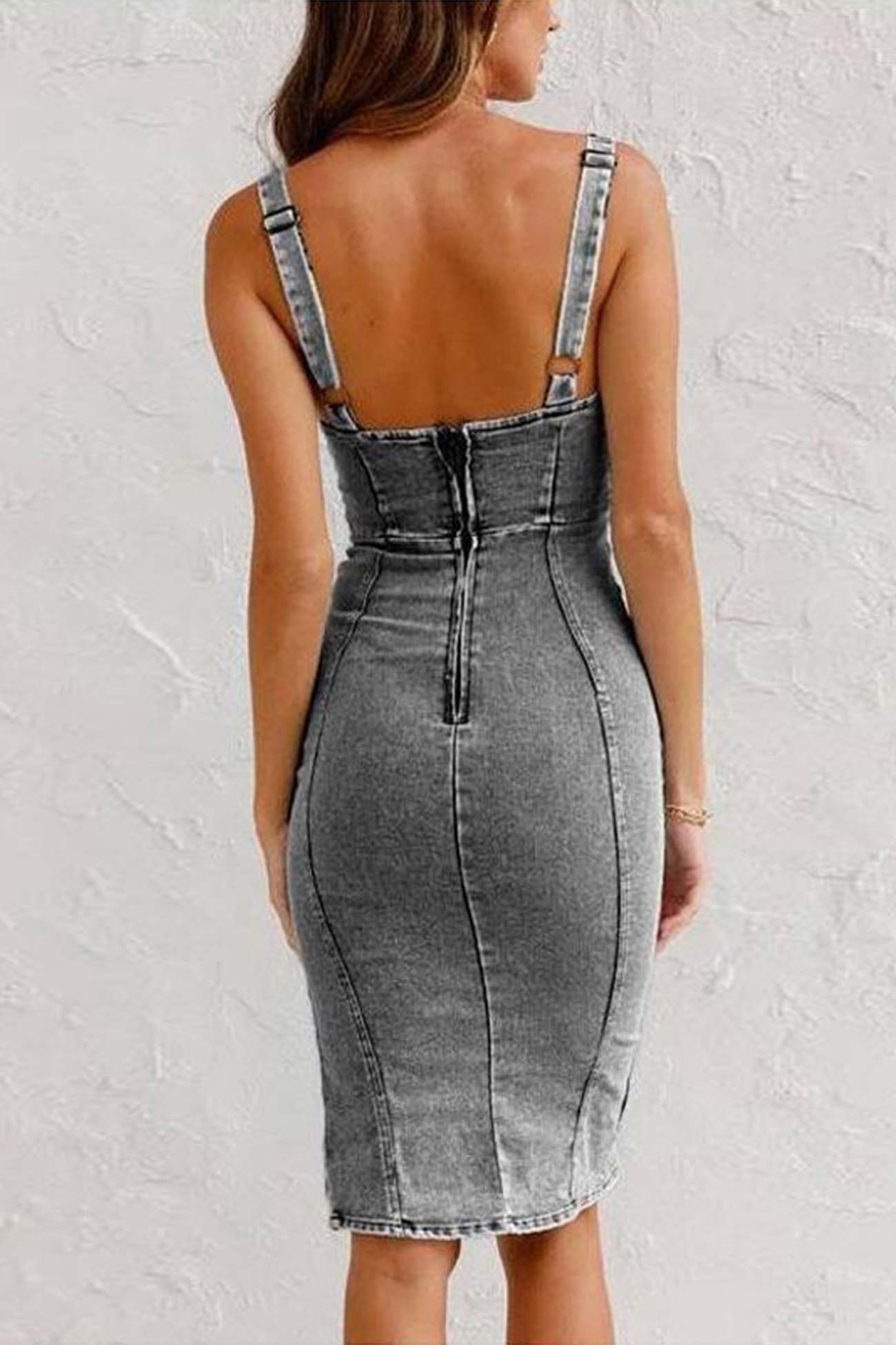 Zipper Distressed Denim Slit Midi Dress