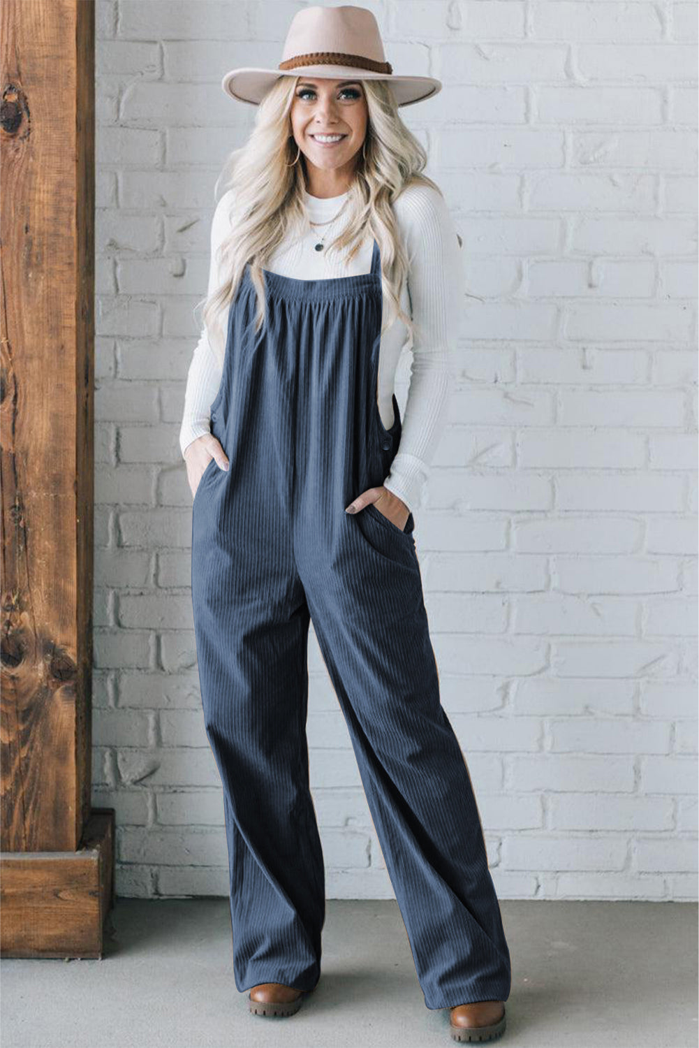 Solid Color Pocketed Corduroy Overall