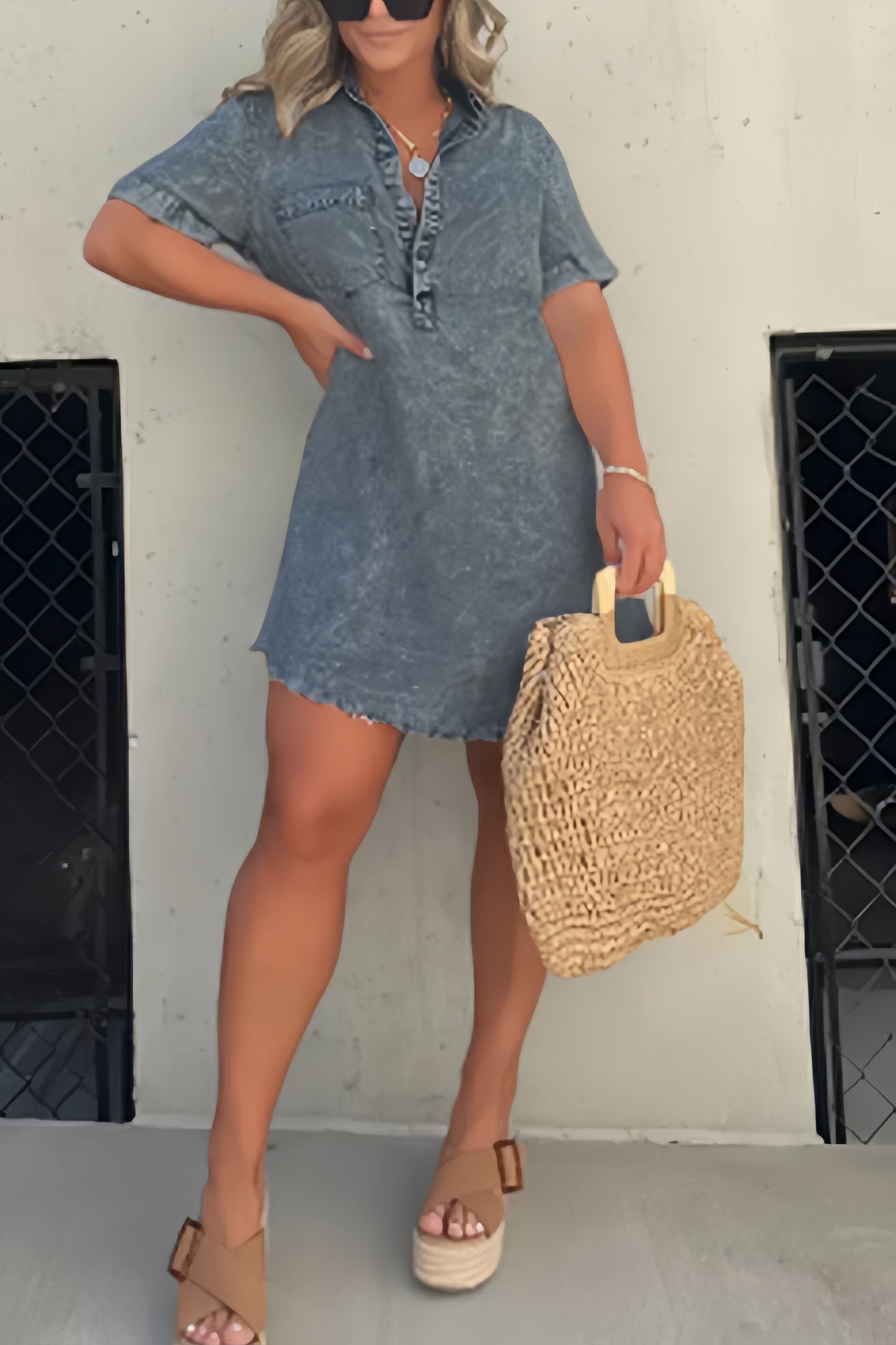 Shirt Collar Raw Edge Denim Dress