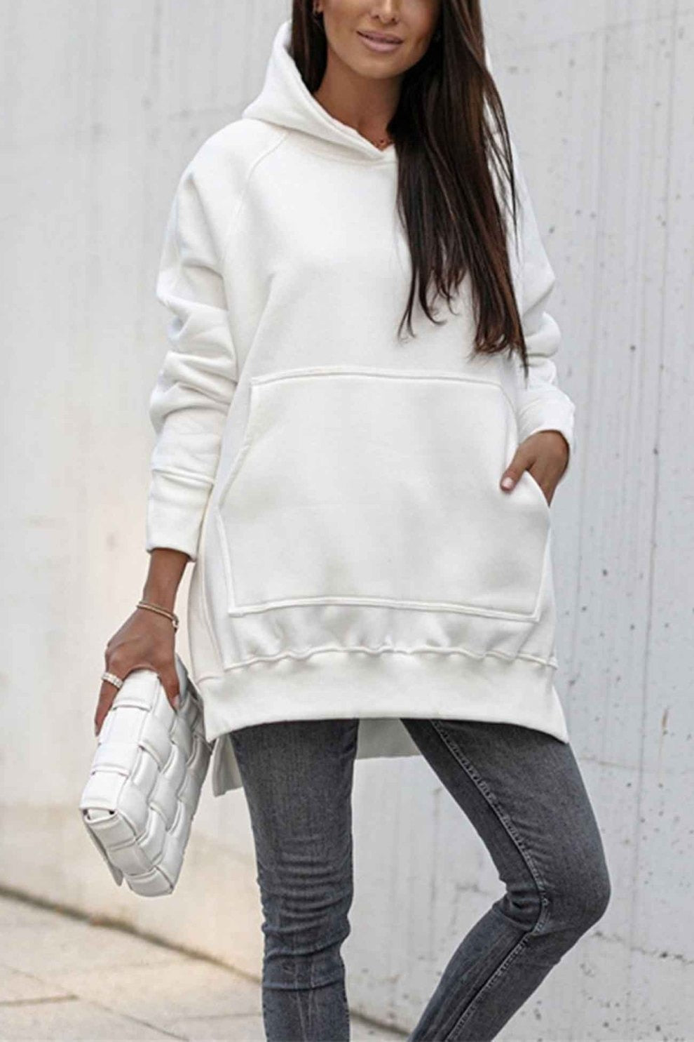 Solid Color Pocket Slit Hoodie