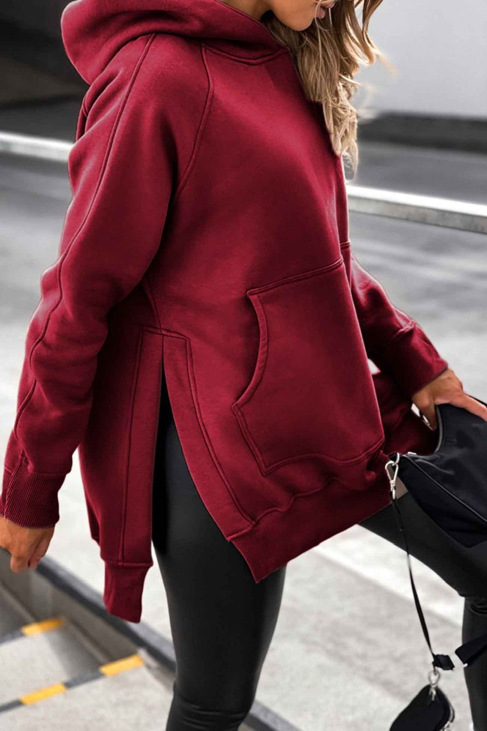 Solid Color Pocket Slit Hoodie